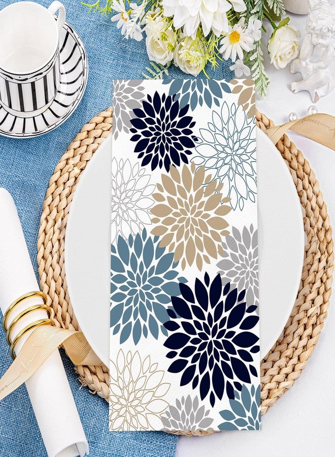 IANFEPH 100 Pack Fall Dahlia Paper Napkins 3 Ply Disposable Bathroom Guest Hand Towels 4.3 x 7.9 Inch Blue Grey Vintage Floral Napkin for Wedding Birthday Party Supplies - Image 2